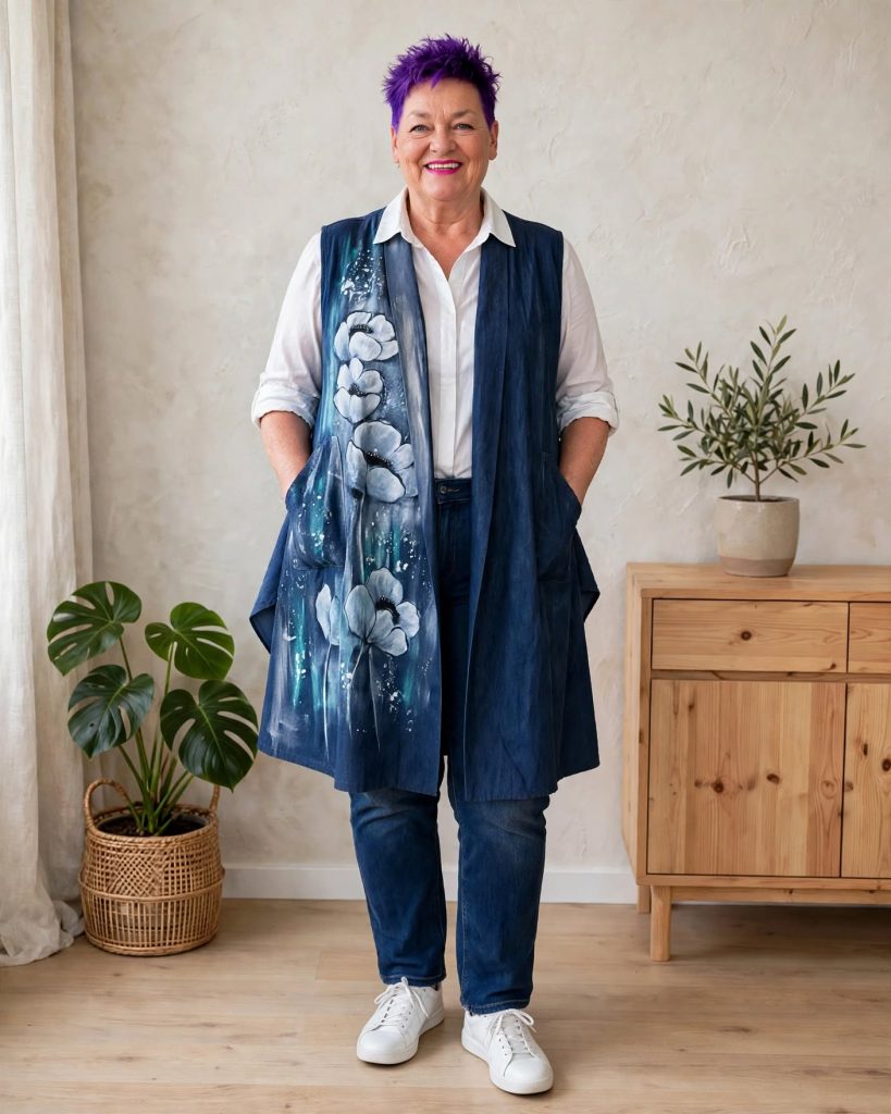 Jeans modri brezrokavnik Beli mak - ročna poslikava belih makov akvarelna tehnika - Irena Colorena jeans telovnik