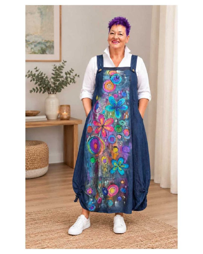 Jeans plava haljina na naramenice Cvjetni raj - ručno oslikavanje šarenih cvjetova i krugova - Irena Colorena