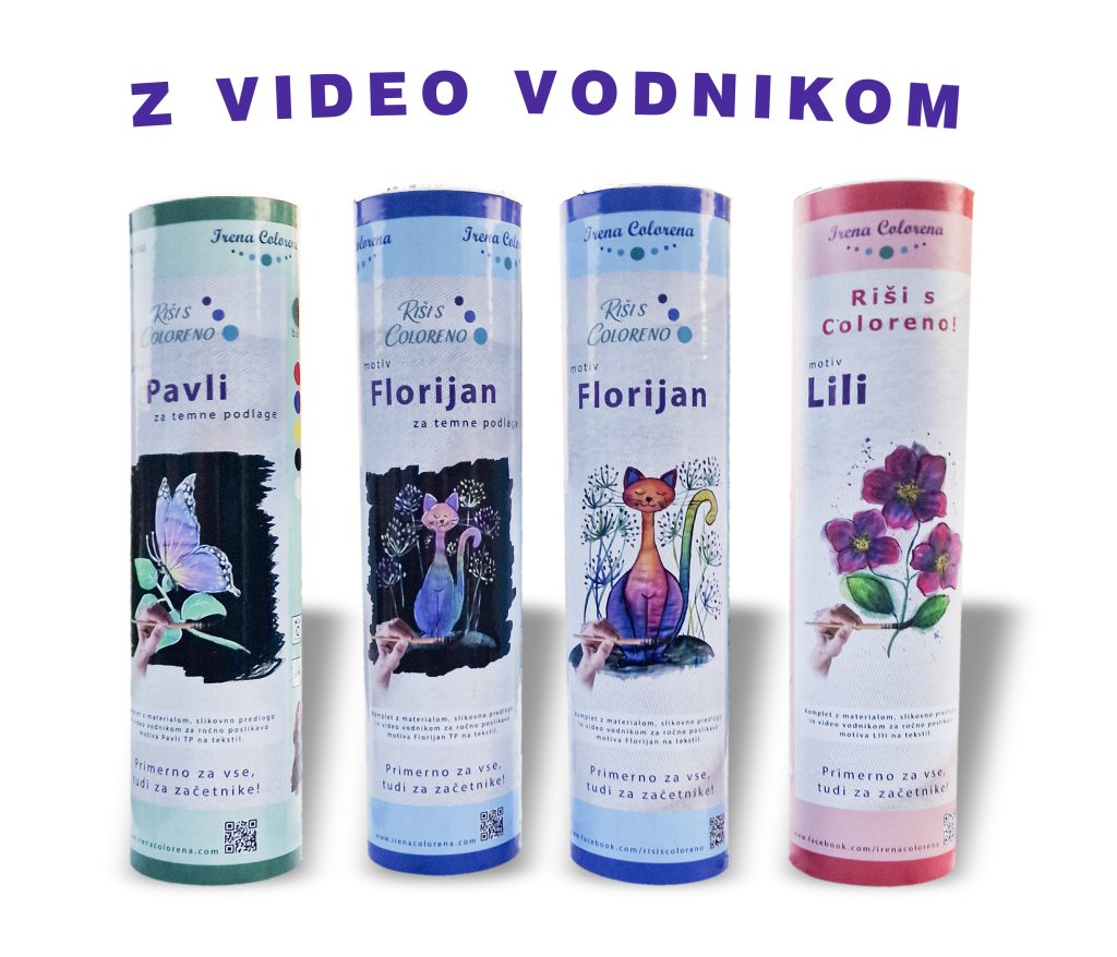 komplet za poslikavo tekstila risi s coloreno pavli, florijan, lili z video vodnikom - Irena Colorena