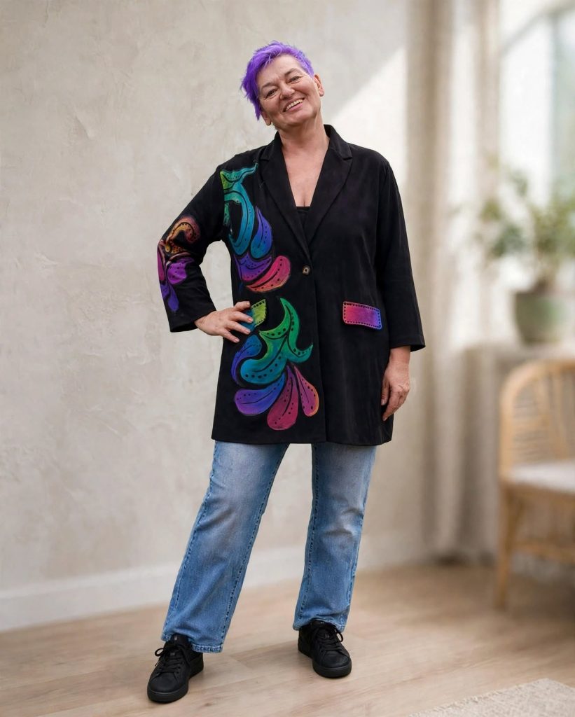 Črn poslikani suknjič Barvne vijuge - ročna poslikava mavričnih vijug turkizna vijola roza - Irena Colorena unikatni blazer
