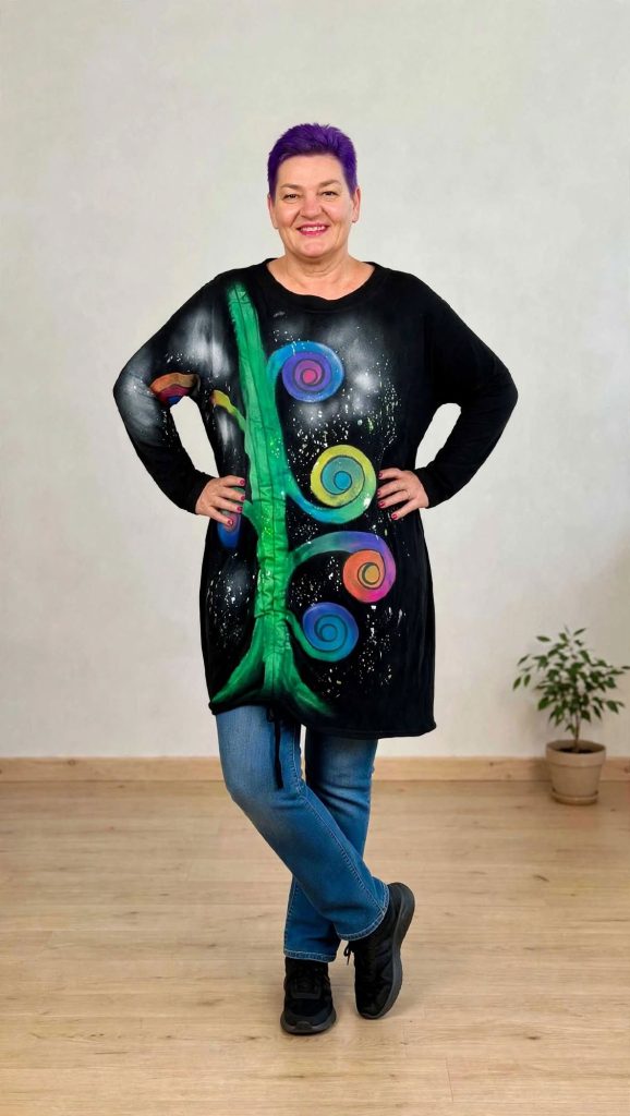 Črna tunika Drevo življenja z ročno poslikavo zelenega drevesa z mavričnimi spiralami in vesoljsko poslikavo - Irena Colorena
